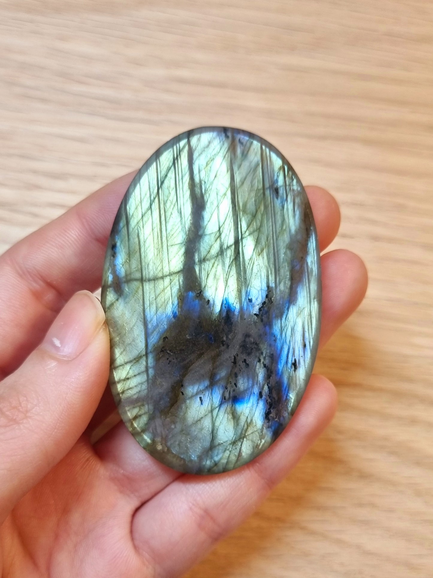 拉長石｜Labradorite｜ 雙面滿光｜ 綠藍光｜斑馬線｜橢圓｜天然水晶 0408-17